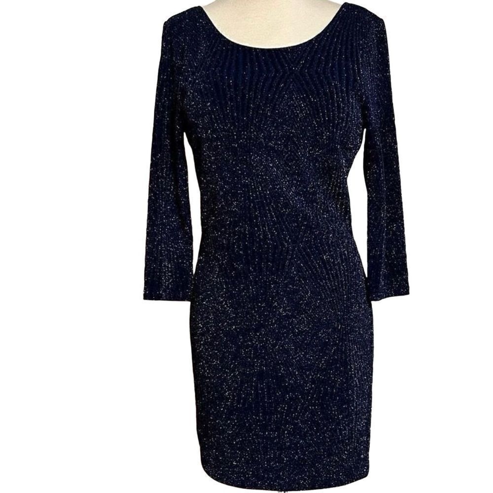 Trixxi Dress Junior's 13 Navy Metallic Glitter Long Sleeve Knee Length Dress